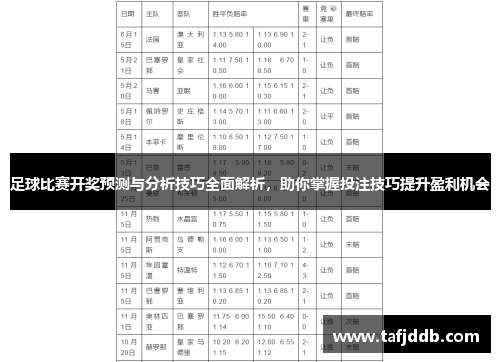 足球比赛开奖预测与分析技巧全面解析，助你掌握投注技巧提升盈利机会