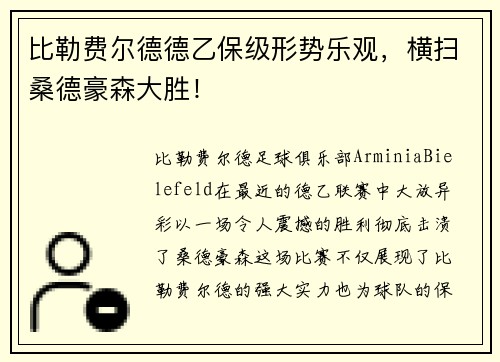 比勒费尔德德乙保级形势乐观，横扫桑德豪森大胜！