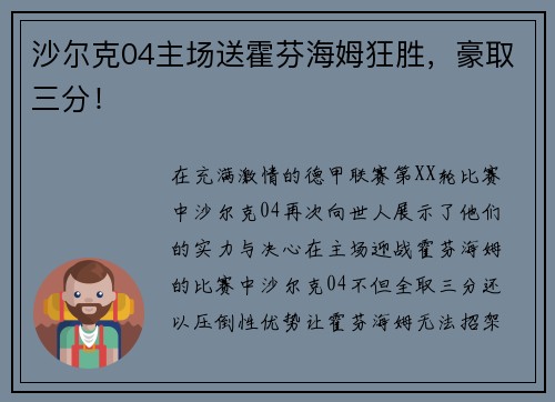 沙尔克04主场送霍芬海姆狂胜，豪取三分！